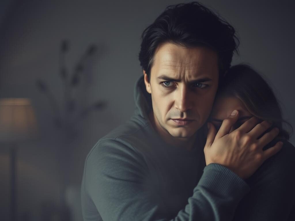 A couple embracing, their faces etched with a mix of vulnerability and mistrust. The foreground is shrouded in a hazy, muted palette, evoking the delicate balance of trust and betrayal. In the background, a dimly lit room with subtle shadows, representing the uncertainty and unspoken emotions that linger in the aftermath of a breach of trust. Soft, diffused lighting casts a somber, introspective atmosphere, inviting the viewer to empathize with the complex emotions depicted. The scene conveys the challenges of rebuilding connection and the intricate journey of couples therapy after infidelity.