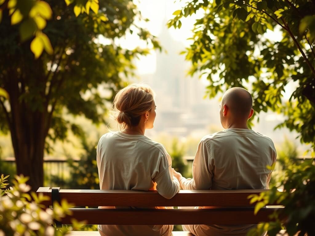 A sun-dappled couple seated on a garden bench, deep in thoughtful discussion. In the foreground, their body language conveys a sense of openness and trust. In the middle ground, lush greenery frames the scene, suggesting a tranquil, nurturing environment. The background features a softly blurred cityscape, hinting at the complexities of modern life beyond this intimate moment. Warm, diffused lighting casts a cozy, introspective mood, as if capturing a private contemplation of relationship truths and myths. The overall impression is one of introspection, vulnerability, and the power of open dialogue to navigate the joys and challenges of partnership.