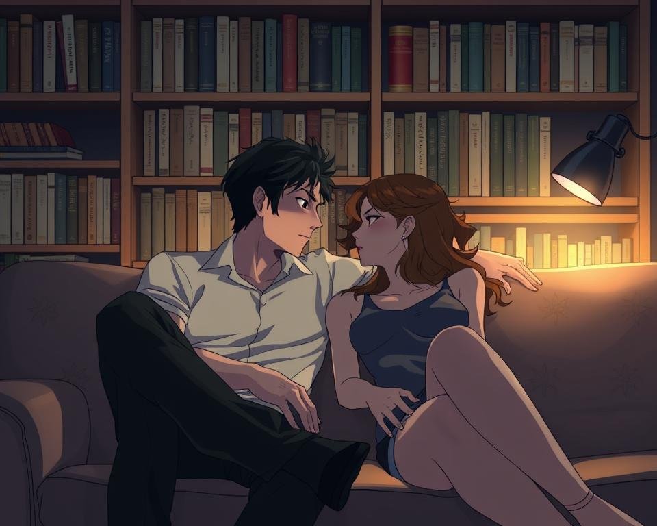 A couple reclining on a couch, lost in intimate conversation, their faces illuminated by soft, warm lighting. In the background, a bookshelf filled with volumes on psychoanalysis and psychology, casting a pensive, introspective atmosphere. The couple's body language suggests a deep, emotional connection, as if exploring the depths of their relationship and the inner workings of the psyche. The overall scene conveys a sense of contemplation, vulnerability, and the transformative power of psychoanalytic therapy in relationships.