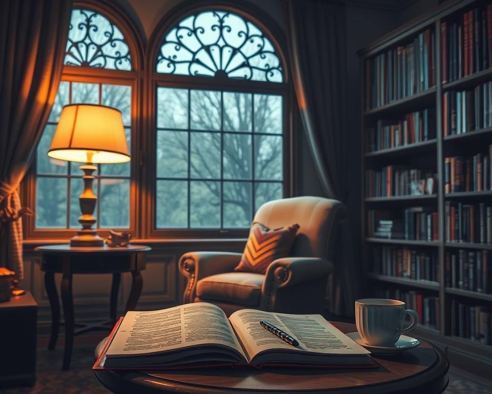 A cozy, dimly-lit therapy room with a comfortable armchair facing a large, ornate window. Soft, warm lighting emanates from a table lamp, casting a gentle glow across the scene. In the foreground, an open notebook and a cup of herbal tea rest on a small side table, evoking a sense of introspection and thoughtful contemplation. The background features bookshelves lining the walls, filled with volumes on psychology and self-discovery, hinting at the wealth of knowledge and insight to be gained through the psychoanalytic process. An air of serenity and promise permeates the space, inviting the viewer to imagine the transformative journey of the therapeutic experience.