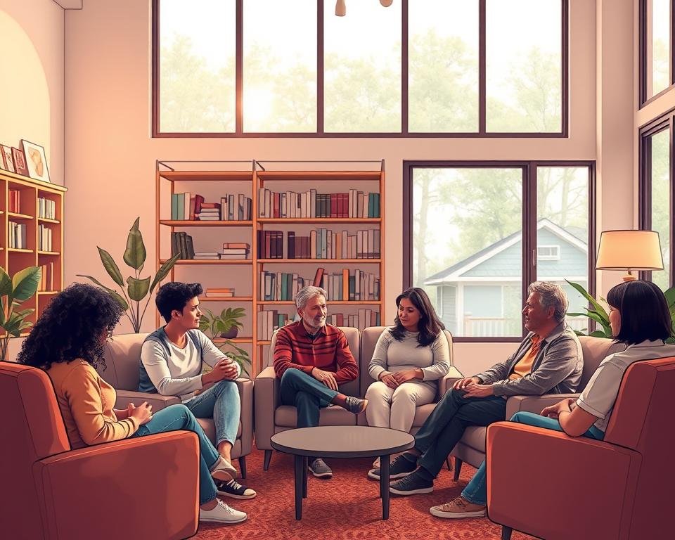 A cozy family therapy session in a warm, welcoming space. In the foreground, a group of diverse individuals sit in comfortable chairs, engaged in deep discussion. The lighting is soft and diffused, creating a serene atmosphere. In the middle ground, shelves lined with books and therapeutic tools suggest a professional setting. The background features large windows that allow natural light to filter in, giving the scene a sense of openness and connection to the outside world. The overall composition conveys a sense of intimacy, trust, and healing within the context of family therapy.