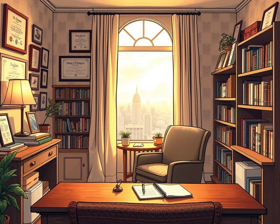 A cozy therapy office with warm, soft lighting. In the foreground, a comfortable armchair faces a wooden desk with a notepad and pen. On the walls, framed diplomas and certificates. In the background, a bookshelf filled with psychology volumes and a window overlooking a serene urban landscape. The atmosphere is one of contemplation, introspection, and the beginning of a transformative journey towards mental well-being.
