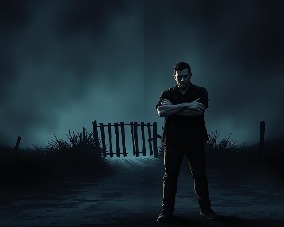 A dark, moody scene depicting the concept of resistance in psychotherapy. In the foreground, a lone figure stands defiantly, arms crossed, with a pensive, guarded expression. The middle ground reveals a shadowy, obstructed path, hinting at the challenges and obstacles encountered during the therapeutic process. The background is enveloped in a hazy, atmospheric lighting, creating a sense of unease and psychological tension. The scene is rendered in a cinematic, chiaroscuro style, using dramatic contrasts of light and shadow to convey the weighted, intense nature of the subject matter.