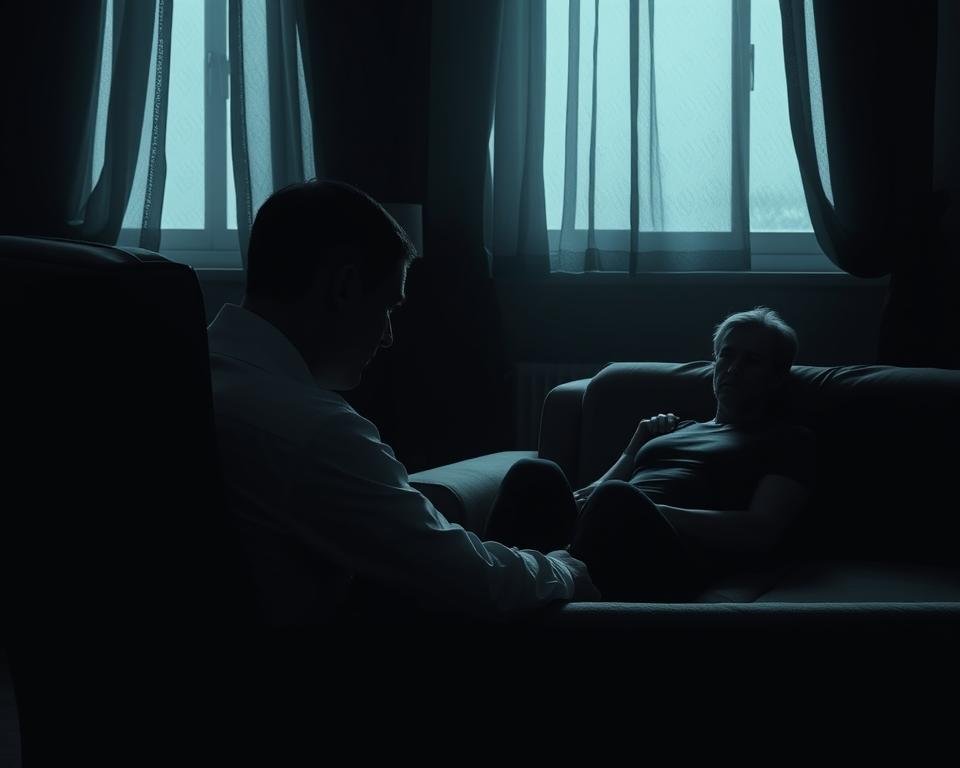 A dimly lit psychotherapy session unfolds, the analyst seated in a high-backed chair, observing in thoughtful silence. The patient, their face obscured, reclines on a plush sofa, lost in introspection. Soft, muted light filters through the room, lending an atmosphere of contemplation and psychological exploration. The scene is imbued with a sense of depth and intimacy, the silence palpable, allowing the inner workings of the mind to take center stage. The overall mood is one of profound self-discovery, where the power of stillness and attentive listening can unlock the hidden truths within.