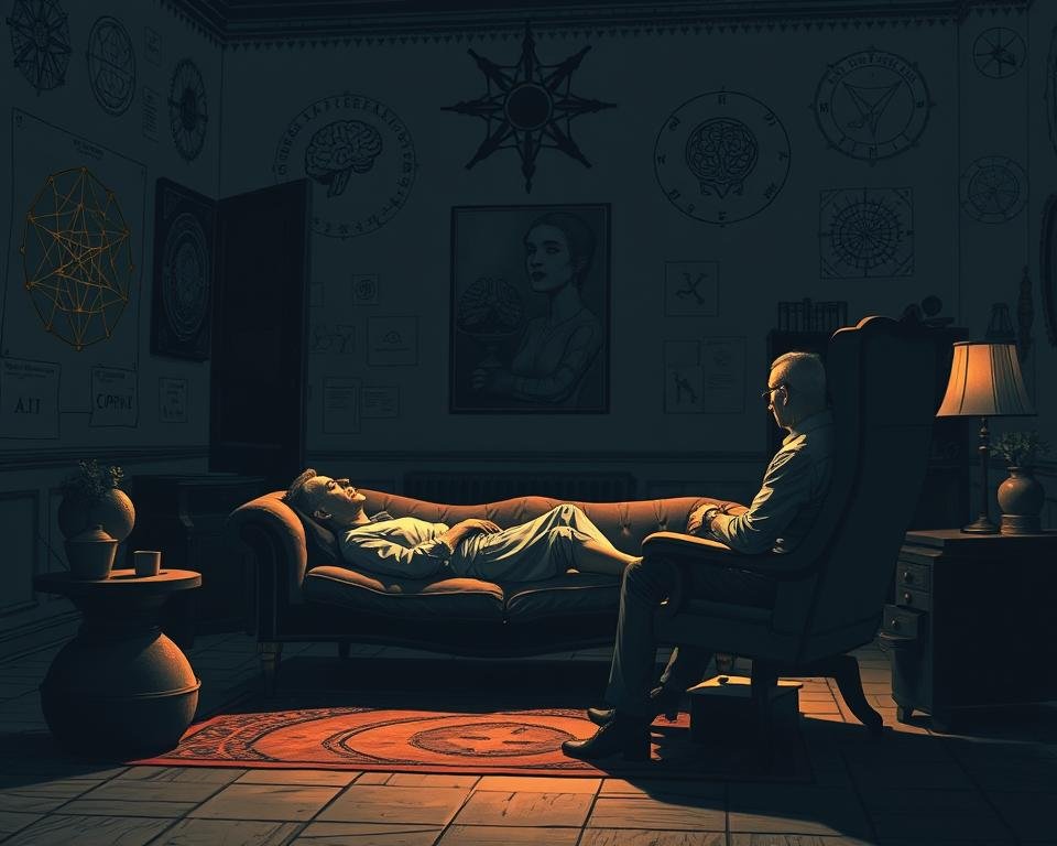 A dimly lit room, the walls adorned with psychoanalytic symbols and diagrams. In the center, a patient reclines on a couch, engaged in deep introspection. The therapist, seated in a high-backed chair, observes intently, their gaze both empathetic and analytical. Soft, warm lighting casts gentle shadows, creating an atmosphere of profound contemplation. The scene exudes a sense of discovery, as the patient's subconscious is gently coaxed forth, revealing the hidden depths of the human psyche. The overall impression is one of a sacred, transformative process, where the exploration of the mind becomes a journey of self-discovery.