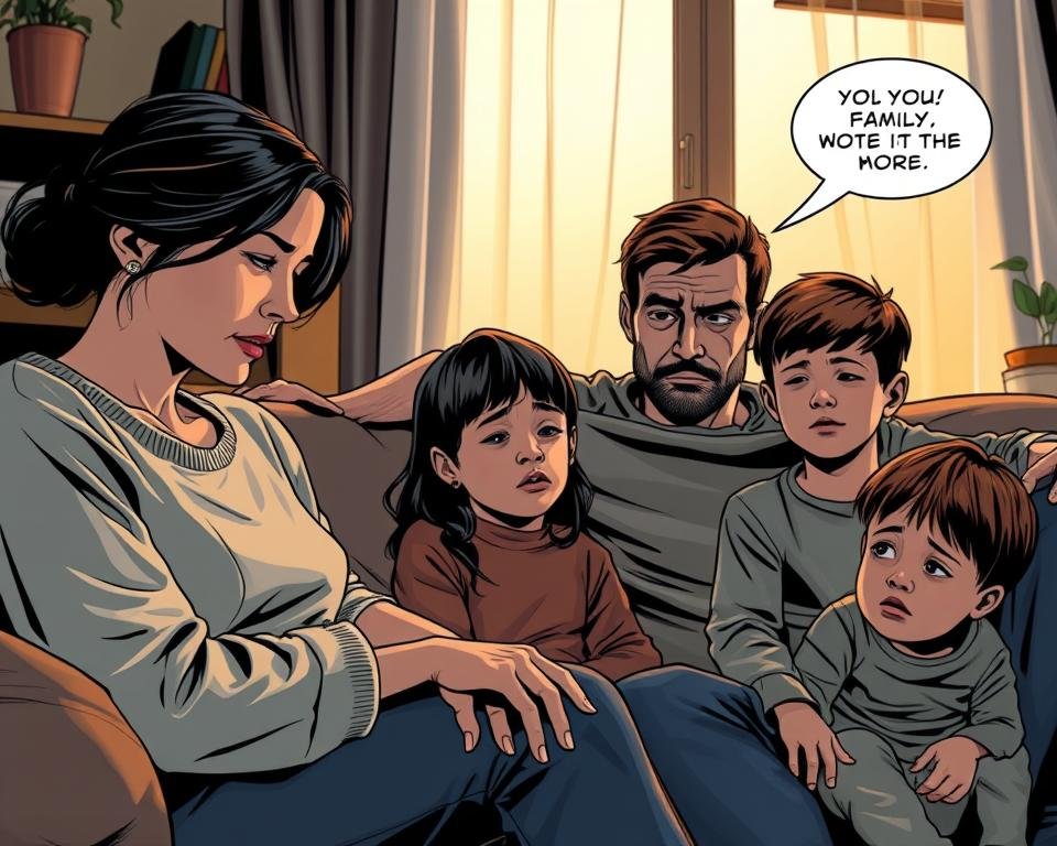 A family sitting in a warm, cozy living room, the soft glow of a fireplace casting a gentle light on their faces. The mother, eyes downcast, appears lost in deep contemplation, while the father reaches out to offer a reassuring touch. The children, sensing the emotional tension, sit quietly, their expressions a mix of concern and uncertainty. The scene conveys a palpable sense of introspection and the profound impact that family therapy can have on the emotional wellbeing of its participants. Crisp, high-resolution image with a shallow depth of field, creating a sense of intimacy and focus on the central figures.
