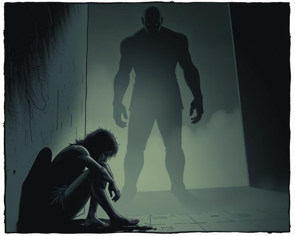A grim and unsettling scene of "the cycle of abuse" in toxic relationships. In the foreground, a figure cowering in the corner, face obscured, body language conveying fear and vulnerability. The middle ground features a looming, shadowy presence, a perpetrator of abuse, towering over the victim. The background is hazy, suggesting an isolated, claustrophobic environment, devoid of escape or intervention. Dramatic lighting casts deep shadows, emphasizing the power dynamics and sense of entrapment. The overall atmosphere is one of tension, oppression, and the inescapable pattern of abuse that can grip toxic partnerships.