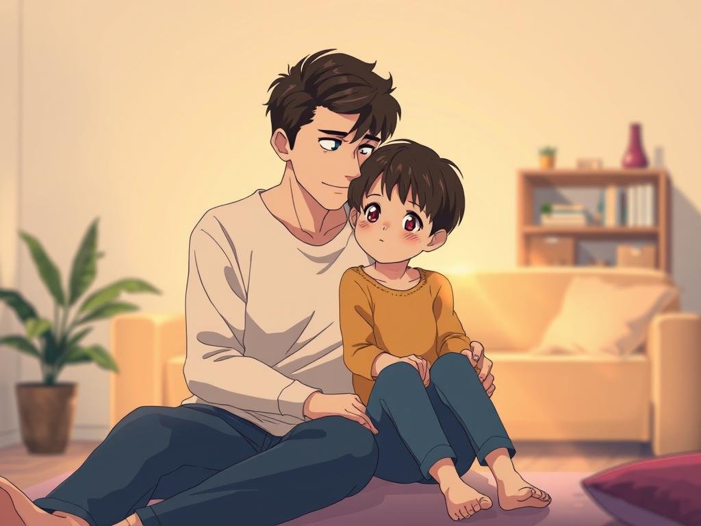 A heartwarming scene of a loving parent-child relationship in the realm of psychoanalysis. In the foreground, a parent and child sit together, their bodies angled towards each other, conveying a sense of intimacy and emotional connection. The parent's gaze is filled with understanding and nurturing, while the child's expression radiates trust and openness. The middle ground features a warm, soothing color palette, evoking a safe and comforting environment. Soft, diffused lighting casts a gentle glow, highlighting the tender moment between the two figures. In the background, subtle psychoanalytic symbols, such as a couch or a bookshelf, subtly suggest the clinical setting, yet the overall atmosphere remains intimate and familial, reflecting the crucial role of parents in child psychoanalysis.