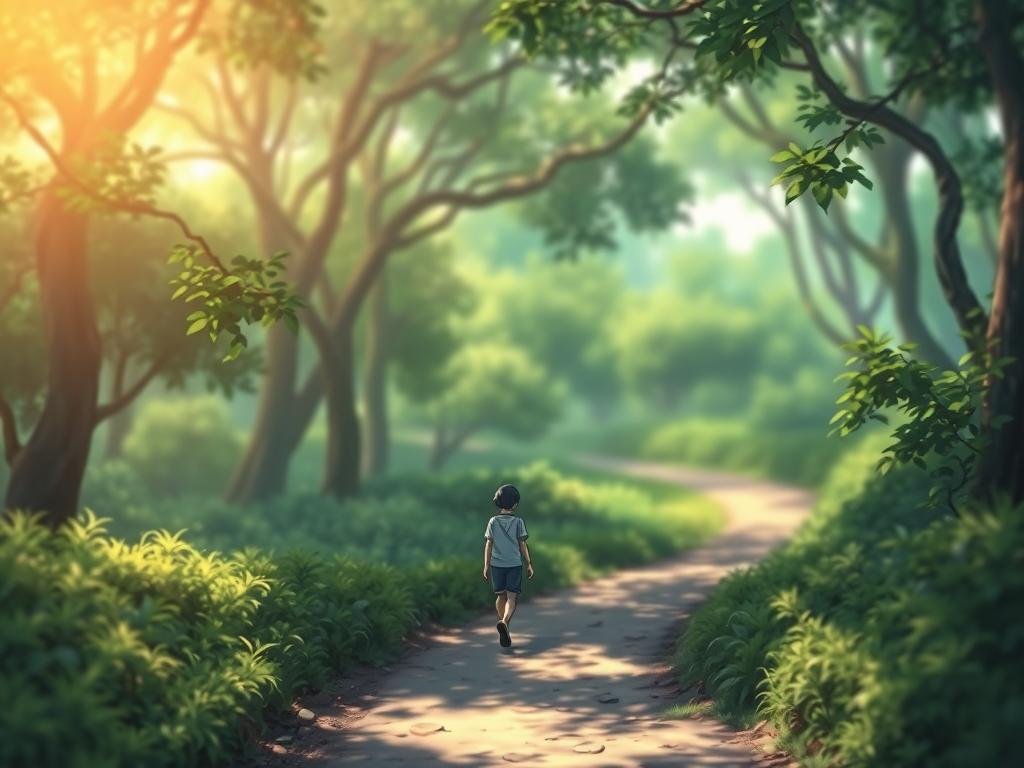A peaceful, serene landscape with a lone figure walking along a winding path, surrounded by lush, verdant foliage. The figure appears to be taking their first steps towards emotional freedom, their stride confident yet reflective. Soft, warm lighting filters through the canopy, casting a gentle glow on the scene. The background is blurred, drawing the viewer's attention to the central figure and their journey of self-discovery. The overall atmosphere conveys a sense of hope, growth, and the beginning of a transformative process.