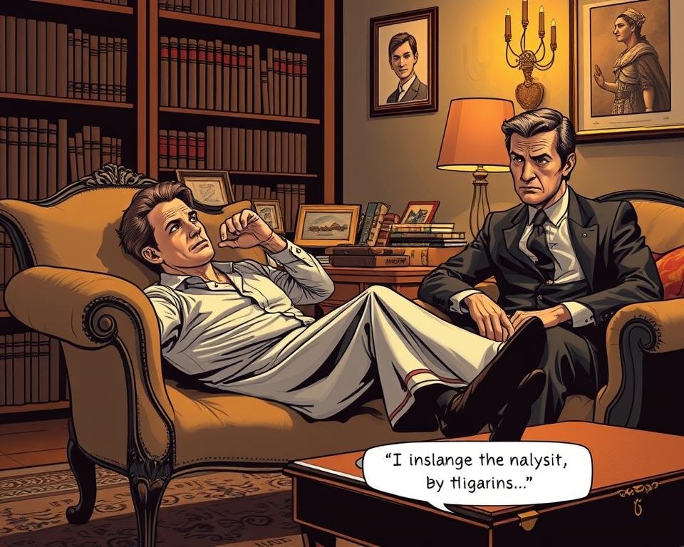 A pensive patient reclining on a vintage chaise lounge, deep in thought, while a meticulously dressed psychoanalyst sits nearby, their gaze filled with empathetic focus. The scene is bathed in warm, soft lighting, creating an atmosphere of introspection and trust. The background is a cozy, dimly lit room, with bookshelves and framed artwork hinting at the depth of knowledge and insight within. The composition draws the viewer's eye to the interaction between the patient and the analyst, capturing the essence of the psychoanalytic process of transference and countertransference.
