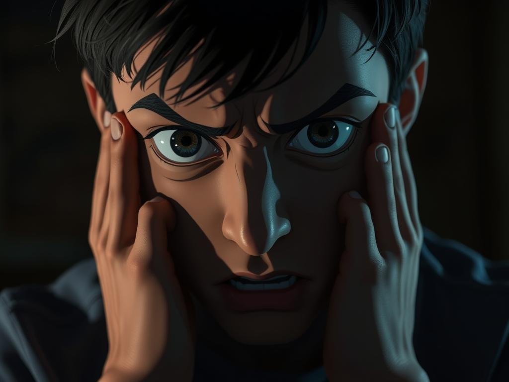A person experiencing physical symptoms of anxiety, captured in a close-up, cinematic portrait. The subject's face is tense, with furrowed brows, wide eyes, and a worried expression. Their body language conveys a sense of unease, with tense shoulders and fidgeting hands. The lighting is dramatic, casting deep shadows and emphasizing the subject's distressed features. The background is blurred, creating a sense of isolation and focus on the individual's internal experience. The overall mood is one of discomfort and heightened emotional intensity, reflecting the physical manifestations of anxiety.