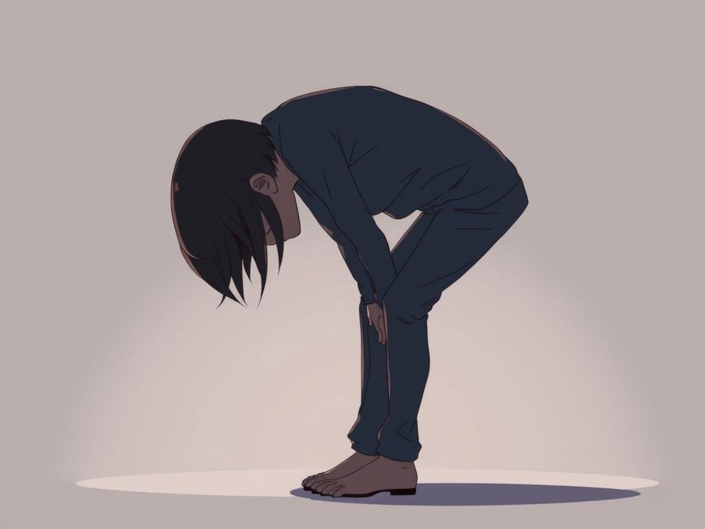 A person hunched over, shoulders slumped, head down, conveying a sense of low self-esteem. The figure is rendered in muted, subdued tones, with soft, diffused lighting casting long shadows that suggest a somber, introspective mood. The background is a plain, neutral setting, keeping the focus on the person's body language and emotional state. The composition emphasizes the individual's isolation and withdrawal, capturing the visual cues associated with low self-confidence.