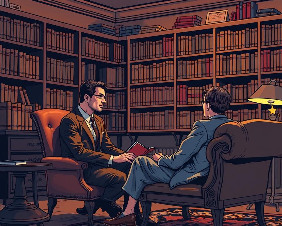 A professional psychoanalyst sits in a cozy office, deep in contemplation. The room is illuminated by warm, soft lighting that casts a serene, introspective atmosphere. Bookshelves line the walls, filled with volumes on the human psyche. The psychoanalyst, dressed in a tailored suit, leans forward, a pensive expression on their face, as they listen intently to the patient on the classic Freudian couch. The scene conveys a sense of trust, empathy, and the profound work of uncovering the depths of the human experience.