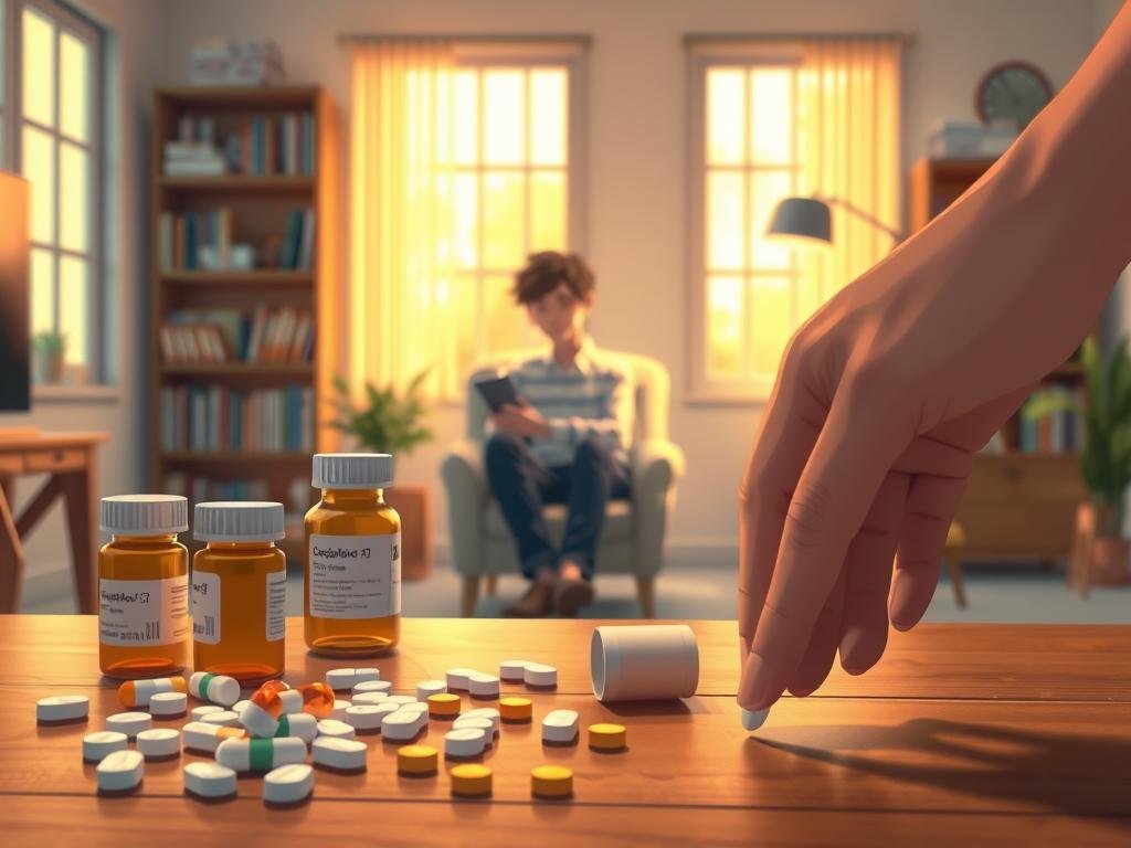 A serene and contemplative scene showcasing cognitive-behavioral therapy and medication. In the foreground, a hand carefully arranges various prescription bottles and pills on a wooden table, symbolizing the role of pharmacotherapy in mental health treatment. In the middle ground, a person sits in a comfortable armchair, deep in thought, representing the introspective nature of cognitive-behavioral therapy. The background features a softly lit, minimalist office setting, with bookshelves and a window providing a calming, natural ambiance. Warm lighting casts a gentle glow, creating a sense of tranquility and healing. The overall composition evokes a thoughtful, balanced approach to addressing mental health challenges.