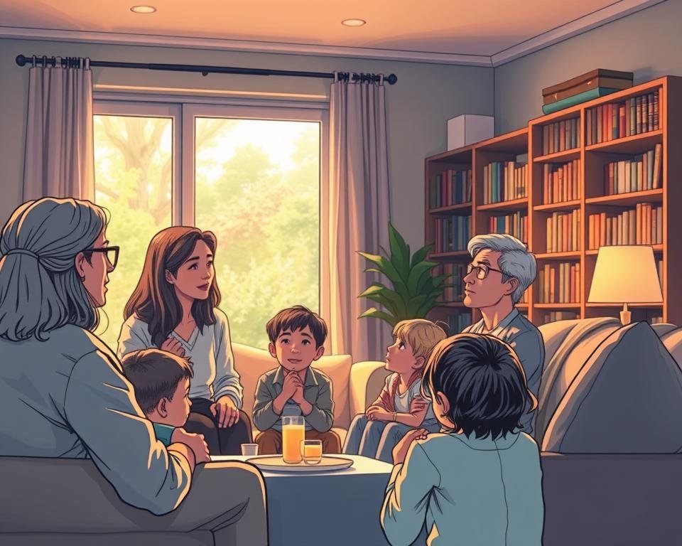 A serene family gathering, bathed in soft, warm lighting. In the foreground, a group of adults and children engaged in thoughtful discussion, their expressions open and attentive. The middle ground showcases a cozy, inviting living room setting, with plush furniture and a bookshelf filled with volumes on psychology and family therapy. In the background, a window offers a glimpse of a tranquil, verdant outdoor scene, symbolizing the restorative nature of this psychoanalytic family therapy. The overall atmosphere conveys a sense of comfort, understanding, and the healing power of close-knit relationships.
