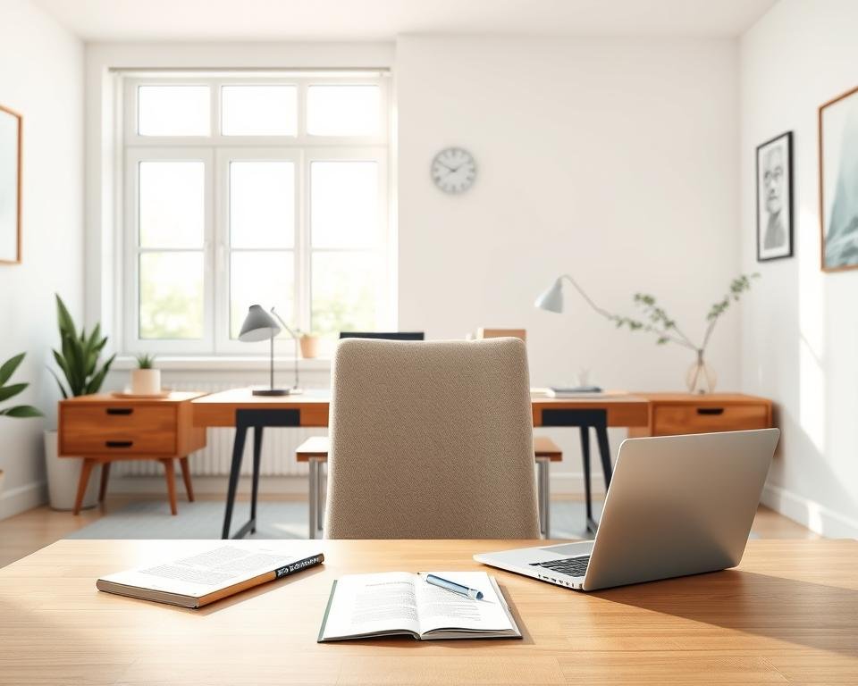 A serene home office setting with a therapist's desk, laptop, and notes in the foreground, against a backdrop of a tranquil, minimalist interior. Soft, natural lighting filters through large windows, creating a calming ambiance. The therapist's chair is positioned facing the viewer, inviting a sense of introspection and connection. The room's neutral color palette and clean lines suggest a space dedicated to self-reflection and professional care. Subtle textures and materials, such as wood, fabric, and glass, add depth and warmth to the scene, capturing the essence of online psychoanalysis.