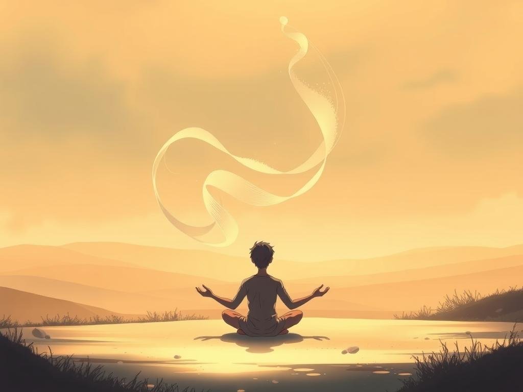 A serene, introspective scene depicting the therapeutic process for deconstructing feelings of guilt. In the foreground, a person sits in meditative pose, eyes closed, surrounded by soft, muted colors and gentle, diffused lighting, conveying a sense of inner calm and self-reflection. In the middle ground, abstract, ethereal forms swirl and dissipate, symbolizing the gradual release of guilt. The background features a warm, hazy landscape, with a sense of depth and openness, suggesting the expansive, liberating path ahead. The overall mood is one of contemplation, healing, and the gradual transformation from self-judgment to self-acceptance.