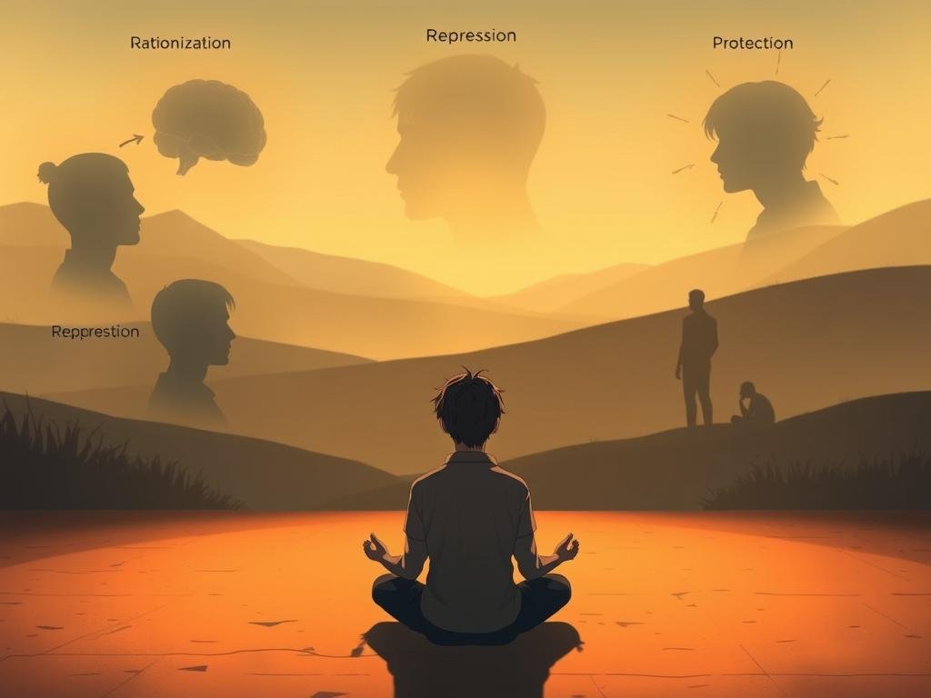A serene, introspective scene depicting various psychological defense mechanisms against feelings of guilt. In the foreground, a person sits meditatively, surrounded by abstract representations of coping strategies such as rationalization, repression, and projection, rendered in muted tones. The middle ground features a hazy, dreamlike landscape suggesting the inner workings of the subconscious mind. In the background, faint silhouettes of figures struggling with their own guilt-related emotions create a sense of universality. Warm, muted lighting casts a pensive atmosphere, inviting the viewer to reflect on the complex relationship between guilt and the psyche's self-protective mechanisms.
