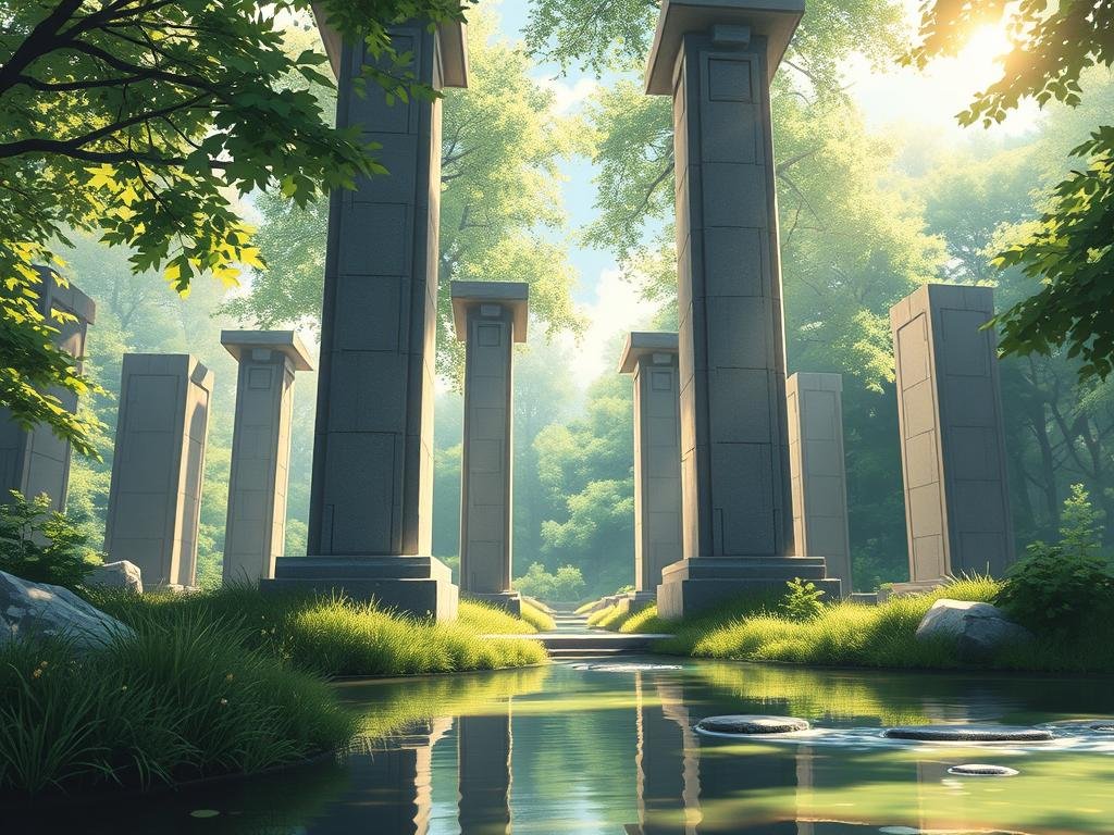 A serene outdoor scene featuring towering stone pillars in a lush, verdant landscape. The pillars, in various shades of gray and beige, stand strong and sturdy, representing the core foundations of self-confidence. Dappled sunlight filters through the canopy of trees, casting a warm, gentle glow on the scene. In the foreground, a tranquil stream or pond reflects the pillars, creating a sense of balance and harmony. The overall atmosphere is one of calmness, stability, and the power of self-belief.