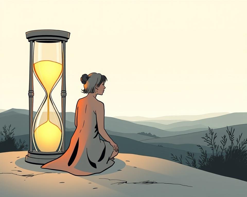 A softly lit, introspective illustration depicting the relationship between the duration and efficacy of psychoanalytic therapy. In the foreground, a serene figure contemplates a glowing hourglass, representing the passage of time. The middle ground features a serene, calming landscape with muted tones, hinting at the gradual, thoughtful nature of the therapeutic process. In the background, subtle, ethereal geometrical shapes suggest the gradual unfolding of insight and understanding. The overall mood is one of contemplation, tranquility, and the steady progress towards therapeutic growth and self-discovery.