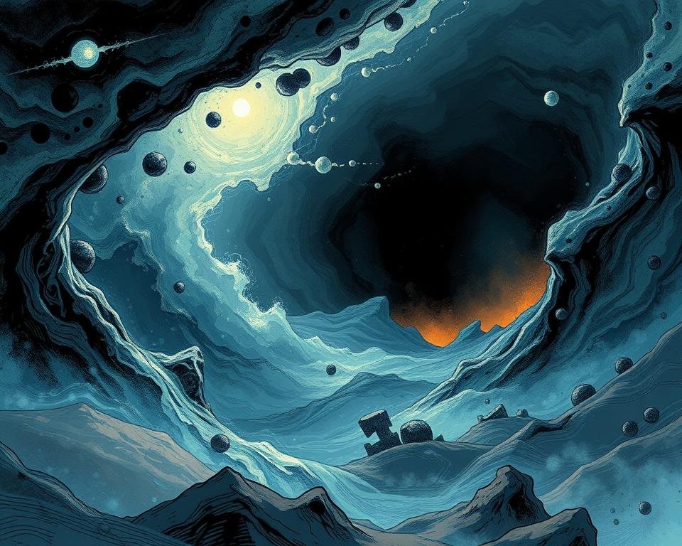 A surreal and dreamlike landscape, with swirling, amorphous forms representing the hidden depths of the unconscious mind. In the foreground, ethereal wisps of energy and thought-forms coalesce, hinting at the subconscious processes at work. The mid-ground features a hazy, abstract environment, where shapes and colors blend and morph, defying rational understanding. In the background, a dimly lit, mysterious realm suggests the vast and unknowable expanse of the unconscious. The lighting is soft and atmospheric, creating a sense of introspection and intrigue. The overall composition conveys the idea of the unconscious as a realm of hidden potentials, primal urges, and the wellspring of creativity.