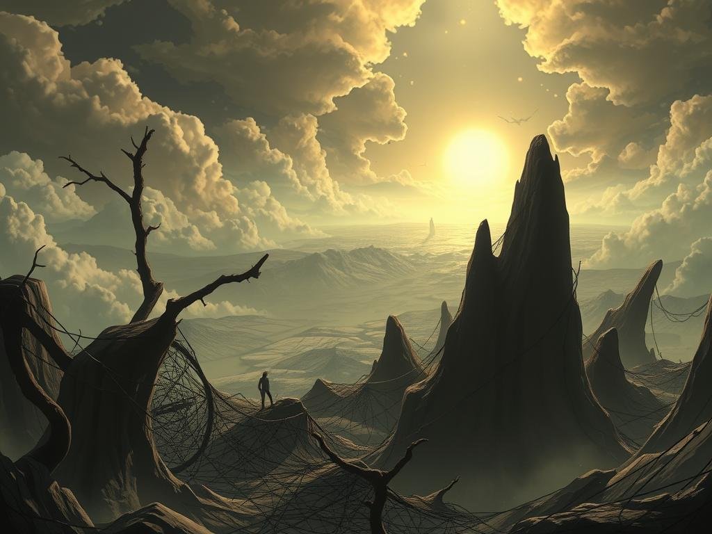 A surreal and enigmatic depiction of the Freudian first topography, set against a dreamlike backdrop. In the foreground, an intricate web of subconscious impulses and hidden desires intertwine, casting shadows that obscure the boundaries between the conscious, preconscious, and unconscious realms. The middle ground features a fragmented, kaleidoscopic landscape, hinting at the complex interplay between these psychic spheres. In the distant background, a luminous, ethereal presence suggests the mysterious depth and power of the human unconscious. Dramatic lighting and a muted, psychological color palette convey the profound influence of the unseen forces that shape our inner lives.