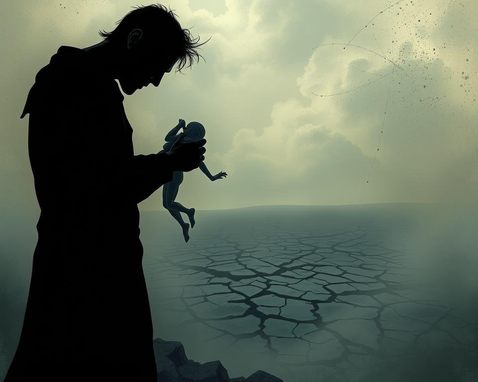 A surreal and melancholic scene depicting the impact of possessive behavior on mental health. In the foreground, a shadowy figure grasps tightly onto a fragile, ethereal form, symbolizing the suffocating and damaging effects of possessiveness. The middle ground features a cracked and distorted landscape, representing the deteriorating mental landscape of the victim. The background is shrouded in a hazy, oppressive atmosphere, evoking a sense of isolation and psychological anguish. The lighting is soft and muted, casting a somber and introspective tone. The overall composition conveys the profound emotional and psychological toll of possessive behavior.