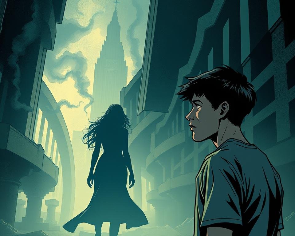 A surreal, dreamlike scene of the Oedipus complex, with a young man standing in a dimly lit, labyrinthine environment. In the foreground, he gazes intently at a shadowy, feminine figure, his expression a blend of desire and conflict. The middle ground is obscured by a swirling, abstract haze, hinting at the subconscious turmoil of the psyche. In the background, a towering, monolithic structure looms, symbolic of the patriarchal authority that the young man struggles to reconcile. The lighting is moody, casting deep shadows and highlighting the tension and psychological depth of the scene. The overall atmosphere is one of psychological depth, emotional turmoil, and the universal human struggle to navigate the complex web of familial and societal expectations.