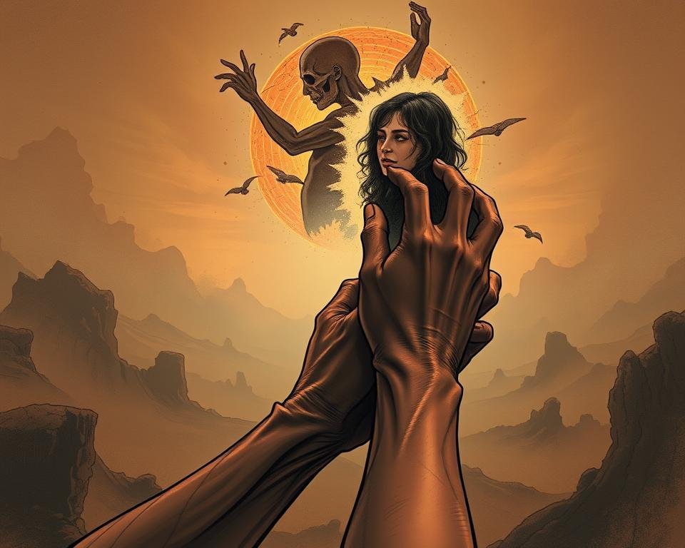 A surreal, psychoanalytic depiction of possessive behavior. In the foreground, a pair of disembodied hands tightly gripping a human figure, conveying a sense of obsession and control. The middle ground features a fractured, distorted landscape, symbolizing the fragmented psyche. Warm, tinted lighting casts an ethereal, dreamlike atmosphere, while a hazy, atmospheric background evokes a sense of the subconscious. Subtle, unsettling textures and abstract forms subtly weave throughout the composition, reflecting the complex, unseen forces underlying possessive tendencies. Angle the camera to heighten the sense of tension and unease, creating a thought-provoking, visually arresting image.