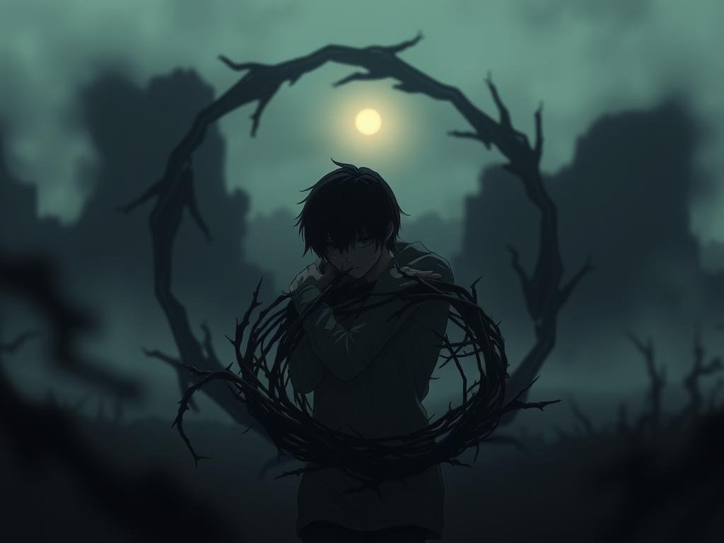 A surreal, unsettling scene depicting the cyclical nature of an abusive relationship. In the foreground, a figure trapped in a twisted, thorny embrace, their face obscured by shadows. Surrounding them, a blurred, distorted landscape - a never-ending loop of emotional manipulation and control. Muted, sickly hues cast an oppressive atmosphere, while a faint, eerie light sources from an unknown origin, creating a sense of unease. The composition is off-kilter, adding to the disorienting, suffocating feel. The scene conveys the isolating, inescapable despair of being caught in the cycle of abuse.