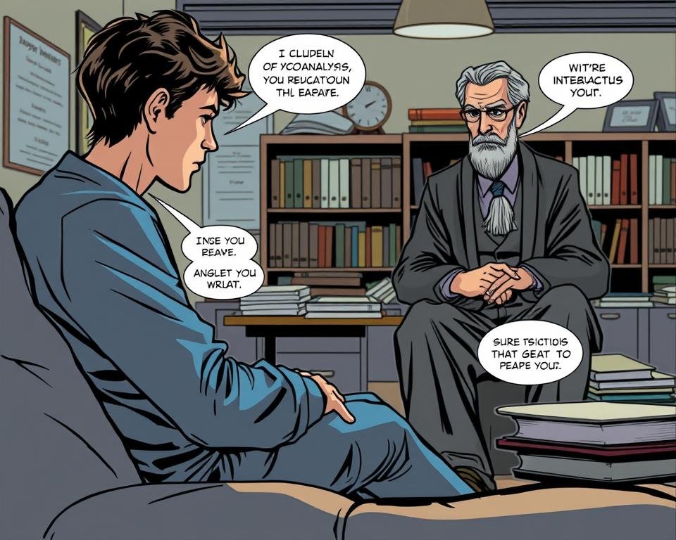 A thoughtful, contemplative scene of psychoanalysis applied in an educational setting. The foreground depicts a student sitting on a couch, deep in introspection, while a wise, empathetic therapist listens intently. The middle ground showcases educational tools and books, suggesting a learning environment. The background features a warm, softly lit classroom or study, with muted colors and a sense of intellectual inquiry. Soft, natural lighting casts a pensive mood, inviting the viewer to consider the intimate yet transformative nature of psychoanalysis within the context of education.