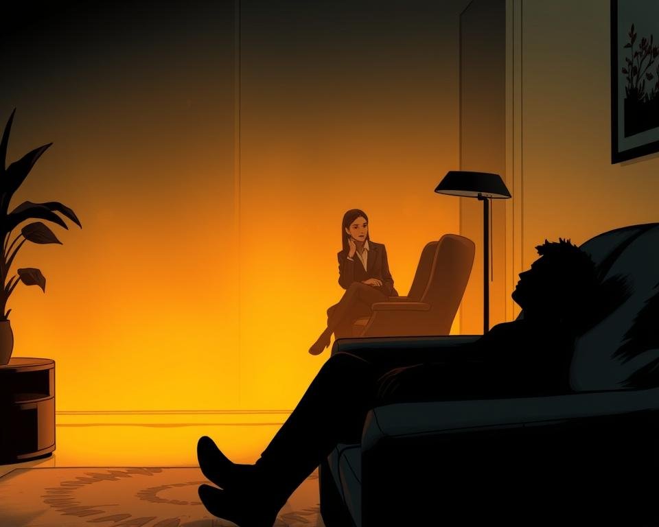 A tranquil, dimly lit room with a couch and a chair, suggesting a therapist's office. In the foreground, a shadowy figure reclines on the couch, their face obscured, symbolizing the unconscious mind. In the middle ground, a therapist, their features softly lit, sits in the chair, listening attentively. The background is hazy, with abstract shapes and colors, representing the depths of the psyche. The lighting is warm and muted, creating a contemplative, introspective atmosphere. A sense of exploration and understanding permeates the scene, alluding to the goals of psychoanalytic therapy.