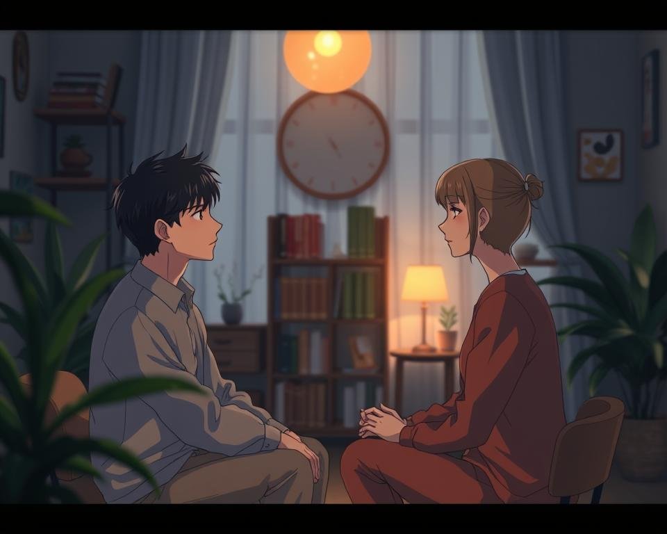 A tranquil, intimate counseling session between a couple in a dimly lit, cozy room. Soft, warm lighting illuminates their thoughtful expressions as they engage in deep conversation, guided by a psychoanalytic therapist visible in the background. Bookshelves, plants, and a calming color palette create a serene, introspective ambiance. The couple's body language conveys a sense of openness, vulnerability, and a desire to explore the depths of their relationship. The scene is captured through a subtle, cinematic lens, inviting the viewer to witness a transformative moment in the couples' journey of self-discovery and emotional healing.