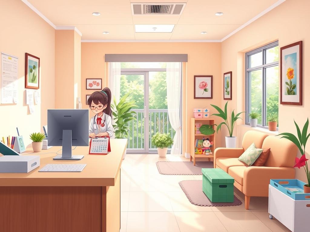 A vibrant, welcoming medical office with soft natural lighting and a warm, comforting atmosphere. In the foreground, a friendly receptionist's desk with a computer and calendar, signaling the process of scheduling a child's psychoanalysis appointment. Mid-ground, a cozy waiting area with plush seating, child-friendly decor, and a toy box, creating an inviting space for families. The background features soothing pastel walls, framed artwork, and a window overlooking a lush, verdant garden, conveying a sense of tranquility and healing. The overall scene conveys the care, empathy, and professionalism associated with a child psychoanalysis consultation.