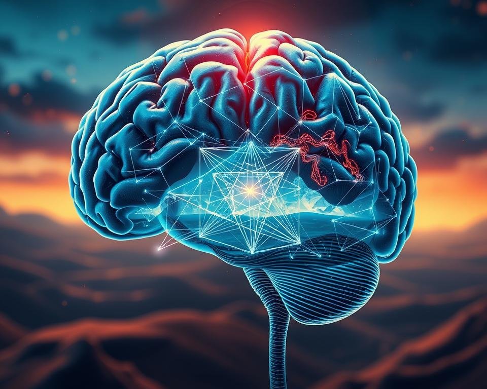 A visually stunning representation of the intersection between neuroscience and the unconscious mind. In the foreground, a highly detailed human brain, its intricate neural pathways illuminated with a cool, ethereal glow, symbolizing the hidden workings of the subconscious. In the middle ground, a series of overlapping geometric shapes and patterns, conveying the complex, layered nature of the unconscious. In the background, a softly blurred, dreamlike landscape, evoking the mysterious, ephemeral quality of the unconscious realm. Bathed in a warm, contemplative lighting, the overall composition suggests a sense of curiosity, exploration, and the profound connection between the physical, neurological structures and the vast, enigmatic depths of the human psyche.