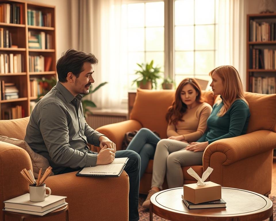 A warm, intimate family therapy session set in a cozy, inviting office. In the foreground, a therapist and a couple sit on plush armchairs, engaged in a thoughtful discussion. The therapist's expression conveys empathy and understanding, while the family members' body language suggests vulnerability and openness. The middle ground features therapeutic tools like a notepad, pen, and a box of tissues, symbolizing the analytical nature of the session. The background depicts bookshelves lined with psychological texts, creating an intellectual and professional ambiance. Soft, natural lighting filters through large windows, evoking a sense of calm introspection. The overall scene captures the essence of psychoanalytic family therapy, where deeply personal issues are explored with care and expertise.
