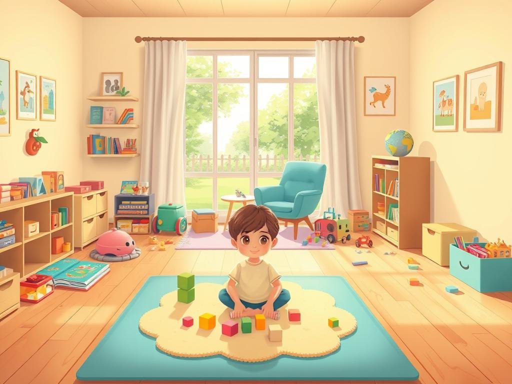 A cozy, softly lit child's playroom, with a warm wooden floor and cheerful pastel walls. In the foreground, a young child sits cross-legged on a plush area rug, engrossed in playing with a set of colorful wooden blocks. Surrounding the child are various age-appropriate toys, books, and other educational materials, carefully arranged to promote creative exploration. In the middle ground, a comfortable armchair and small side table, inviting the child's therapist to join in the play-based session. The background reveals a large window, letting in natural light and offering a serene garden view, creating a tranquil, nurturing atmosphere conducive to therapeutic work.