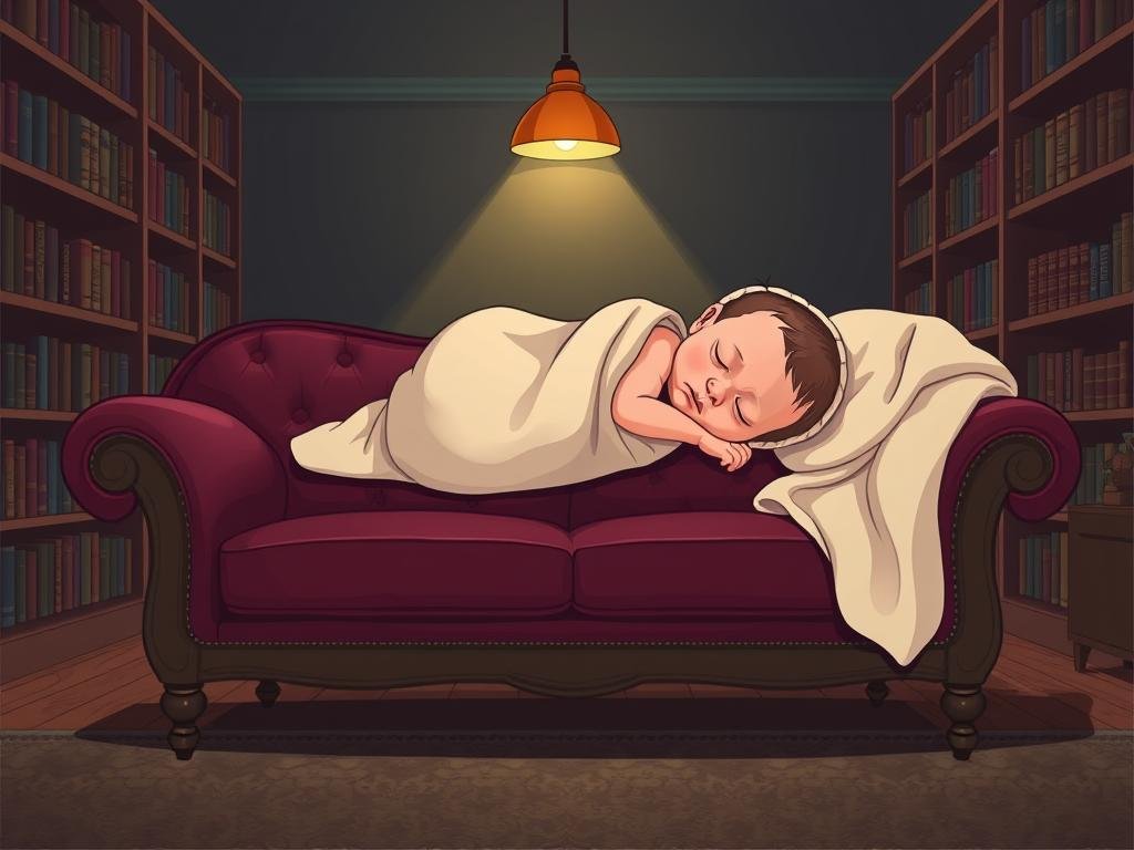 A serene and contemplative scene of a newborn baby resting peacefully on a couch, surrounded by symbols of psychoanalysis. The infant is swaddled in a soft, ivory blanket, their eyes closed in a state of tranquility. In the middle ground, a vintage couch upholstered in deep burgundy velvet provides a warm, comforting setting. The background features a dimly lit room with bookshelves lining the walls, suggesting an intellectual and introspective atmosphere. Overhead, a single, warm-toned lamp casts a gentle glow, illuminating the scene with a sense of introspection and self-reflection. The overall mood is one of thoughtful contemplation, inviting the viewer to ponder the symbolic significance of the newborn in the context of Freudian psychoanalysis.
