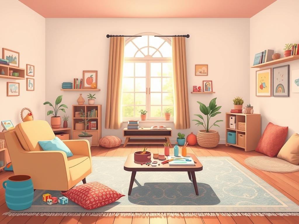 A serene, inviting therapy room for young children. In the foreground, a cozy armchair and a low table with art supplies, toys, and books, creating a welcoming space. The middle ground features a large window allowing natural light to flood the room, casting a warm, soothing glow. In the background, colorful wall art and playful décor elements, such as soft rugs and plush cushions, cultivate a nurturing, child-friendly atmosphere. The overall mood is one of comfort, security, and emotional support, perfectly suited for the therapeutic needs of young clients.